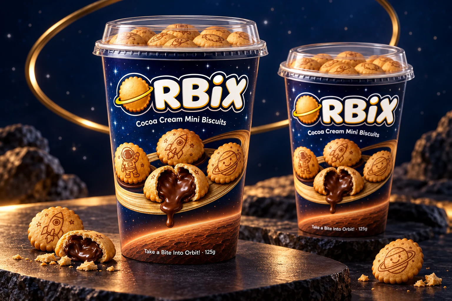 Orbix'in uzay temalı ambalajı için stüdyo sunum sahnesi